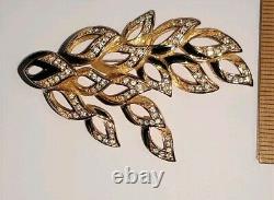 Vintage 1980 Christian Dior Black Enamel Clear Rhinestone Brooch Gold Tone