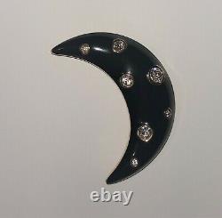 Vintage 1980 Christian Dior Crescent Moon Black Enamel Clear Rhinestone Brooch