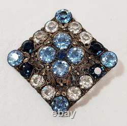 Vintage 2.6 Hobe Filigree Flowers Blue Clear Unfoiled Rhinestone Brooch 40's