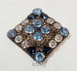 Vintage 2.6 Hobe Filigree Flowers Blue Clear Unfoiled Rhinestone Brooch 40's