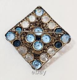 Vintage 2.6 Hobe Filigree Flowers Blue Clear Unfoiled Rhinestone Brooch 40's