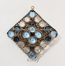 Vintage 2.6 Hobe Filigree Flowers Blue Clear Unfoiled Rhinestone Brooch 40's