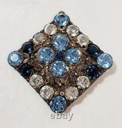 Vintage 2.6 Hobe Filigree Flowers Blue Clear Unfoiled Rhinestone Brooch 40's