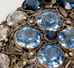 Vintage 2.6 Hobe Filigree Flowers Blue Clear Unfoiled Rhinestone Brooch 40's