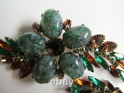 Vintage 4 1/4 Huge Green Glass Mottled Cabochon Rhinestone Brooch Earrings
