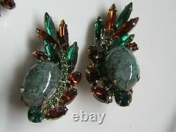 Vintage 4 1/4 Huge Green Glass Mottled Cabochon Rhinestone Brooch Earrings