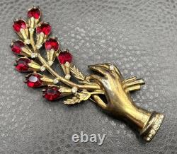 Vintage 4.25 HUGE Pot Metal Hand Holding Flowers Brooch Red Rhinestone