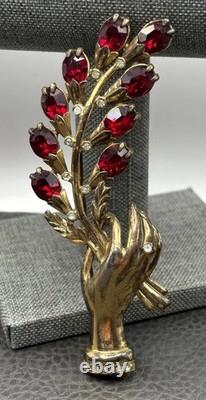 Vintage 4.25 HUGE Pot Metal Hand Holding Flowers Brooch Red Rhinestone