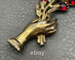 Vintage 4.25 HUGE Pot Metal Hand Holding Flowers Brooch Red Rhinestone