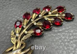 Vintage 4.25 HUGE Pot Metal Hand Holding Flowers Brooch Red Rhinestone