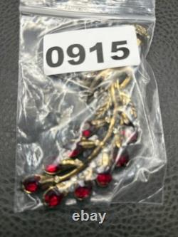 Vintage 4.25 HUGE Pot Metal Hand Holding Flowers Brooch Red Rhinestone