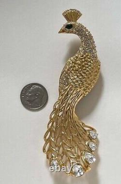 Vintage 4.25 TRIFARI Rhinestone Glamorous Peacock Gold Tone Pin Brooch Mint