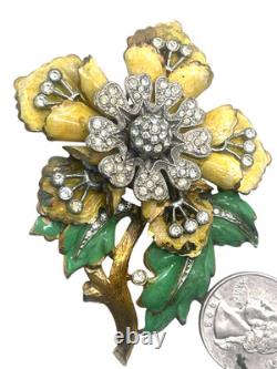 Vintage 40's Layered Enameled Figural Flower Brooch, Large, Crystal Rhinestones