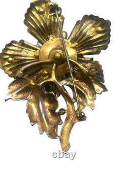 Vintage 40's Layered Enameled Figural Flower Brooch, Large, Crystal Rhinestones