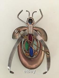 Vintage 40's Sterling Silver Beetle Bug Brooch Insect Cut Czech Glass Stones Pin