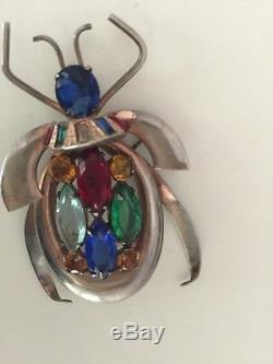 Vintage 40's Sterling Silver Beetle Bug Brooch Insect Cut Czech Glass Stones Pin