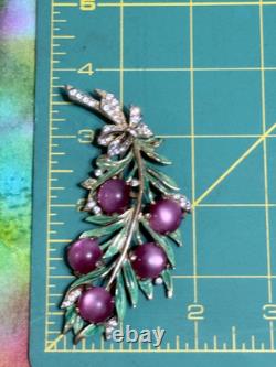 Vintage 40s 50s Signed REJA Enamel Leaf with Bow Crystal Moonglow Brooch 4