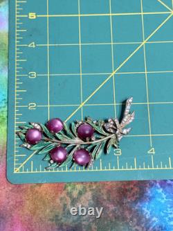 Vintage 40s 50s Signed REJA Enamel Leaf with Bow Crystal Moonglow Brooch 4