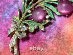 Vintage 40s 50s Signed REJA Enamel Leaf with Bow Crystal Moonglow Brooch 4