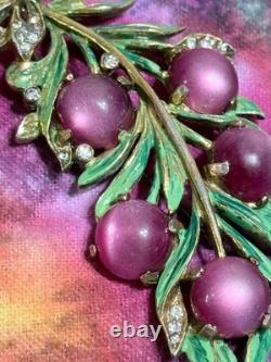 Vintage 40s 50s Signed REJA Enamel Leaf with Bow Crystal Moonglow Brooch 4