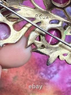 Vintage 40s 50s Signed REJA Enamel Leaf with Bow Crystal Moonglow Brooch 4