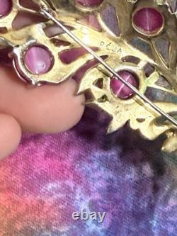 Vintage 40s 50s Signed REJA Enamel Leaf with Bow Crystal Moonglow Brooch 4
