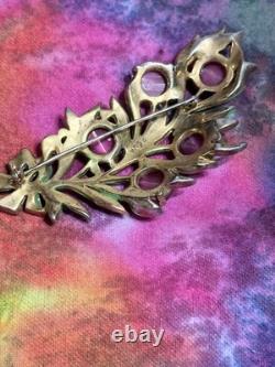Vintage 40s 50s Signed REJA Enamel Leaf with Bow Crystal Moonglow Brooch 4