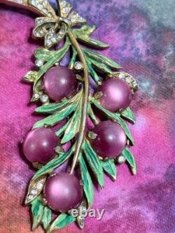 Vintage 40s 50s Signed REJA Enamel Leaf with Bow Crystal Moonglow Brooch 4