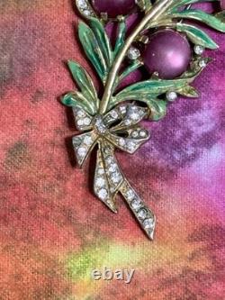 Vintage 40s 50s Signed REJA Enamel Leaf with Bow Crystal Moonglow Brooch 4