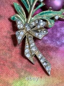 Vintage 40s 50s Signed REJA Enamel Leaf with Bow Crystal Moonglow Brooch 4