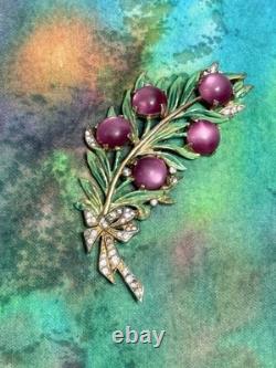 Vintage 40s 50s Signed REJA Enamel Leaf with Bow Crystal Moonglow Brooch 4