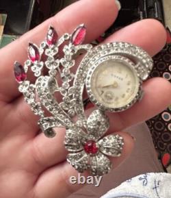 Vintage 40s Lapel Watch Brooch Pave Rhinestone Floral Spray Big Rhodium Back