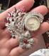 Vintage 40s Lapel Watch Brooch Pave Rhinestone Floral Spray Big Rhodium Back