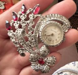 Vintage 40s Lapel Watch Brooch Pave Rhinestone Floral Spray Big Rhodium Back
