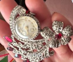 Vintage 40s Lapel Watch Brooch Pave Rhinestone Floral Spray Big Rhodium Back