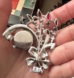 Vintage 40s Lapel Watch Brooch Pave Rhinestone Floral Spray Big Rhodium Back