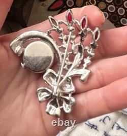 Vintage 40s Lapel Watch Brooch Pave Rhinestone Floral Spray Big Rhodium Back