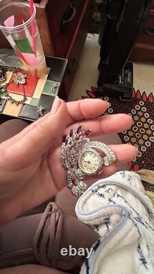 Vintage 40s Lapel Watch Brooch Pave Rhinestone Floral Spray Big Rhodium Back