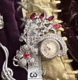 Vintage 40s Lapel Watch Brooch Pave Rhinestone Floral Spray Big Rhodium Back
