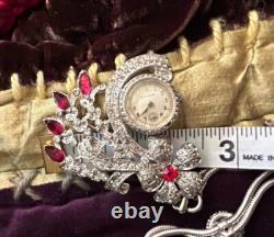 Vintage 40s Lapel Watch Brooch Pave Rhinestone Floral Spray Big Rhodium Back