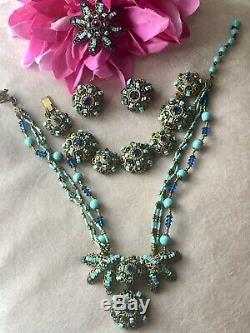 Vintage 40s MIRIAM HASKELL Sparkle Blue Necklace, Bracelet, Earrings & Brooch SALE