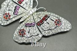 Vintage 40s red pink glass rhinestone Art Deco Butterfly french Brooch