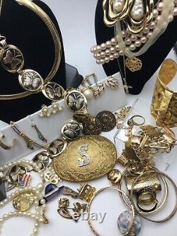 Vintage 50+ Gold Statement Jewelry Lot Necklace Bracelet Brooch Belt Huge Resell