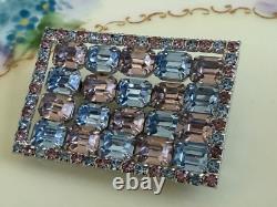 Vintage 50's Kramer NY Rhinestone Rectangle Brooch Blue Pale Lavender