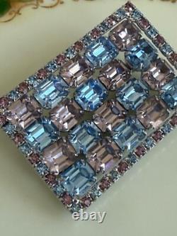 Vintage 50's Kramer NY Rhinestone Rectangle Brooch Blue Pale Lavender