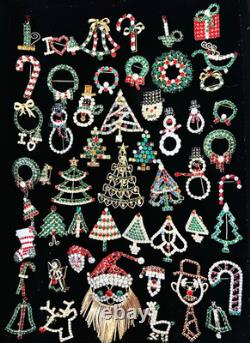 Vintage 52 Pc Prong Set Rhinestone Christmas Brooch Lot TREE Santa SNOWMAN Bells