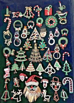 Vintage 52 Pc Prong Set Rhinestone Christmas Brooch Lot TREE Santa SNOWMAN Bells