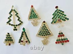 Vintage 52 Pc Prong Set Rhinestone Christmas Brooch Lot TREE Santa SNOWMAN Bells
