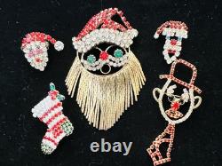 Vintage 52 Pc Prong Set Rhinestone Christmas Brooch Lot TREE Santa SNOWMAN Bells