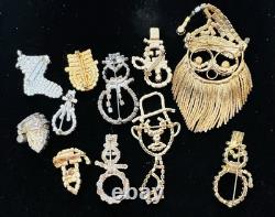 Vintage 52 Pc Prong Set Rhinestone Christmas Brooch Lot TREE Santa SNOWMAN Bells